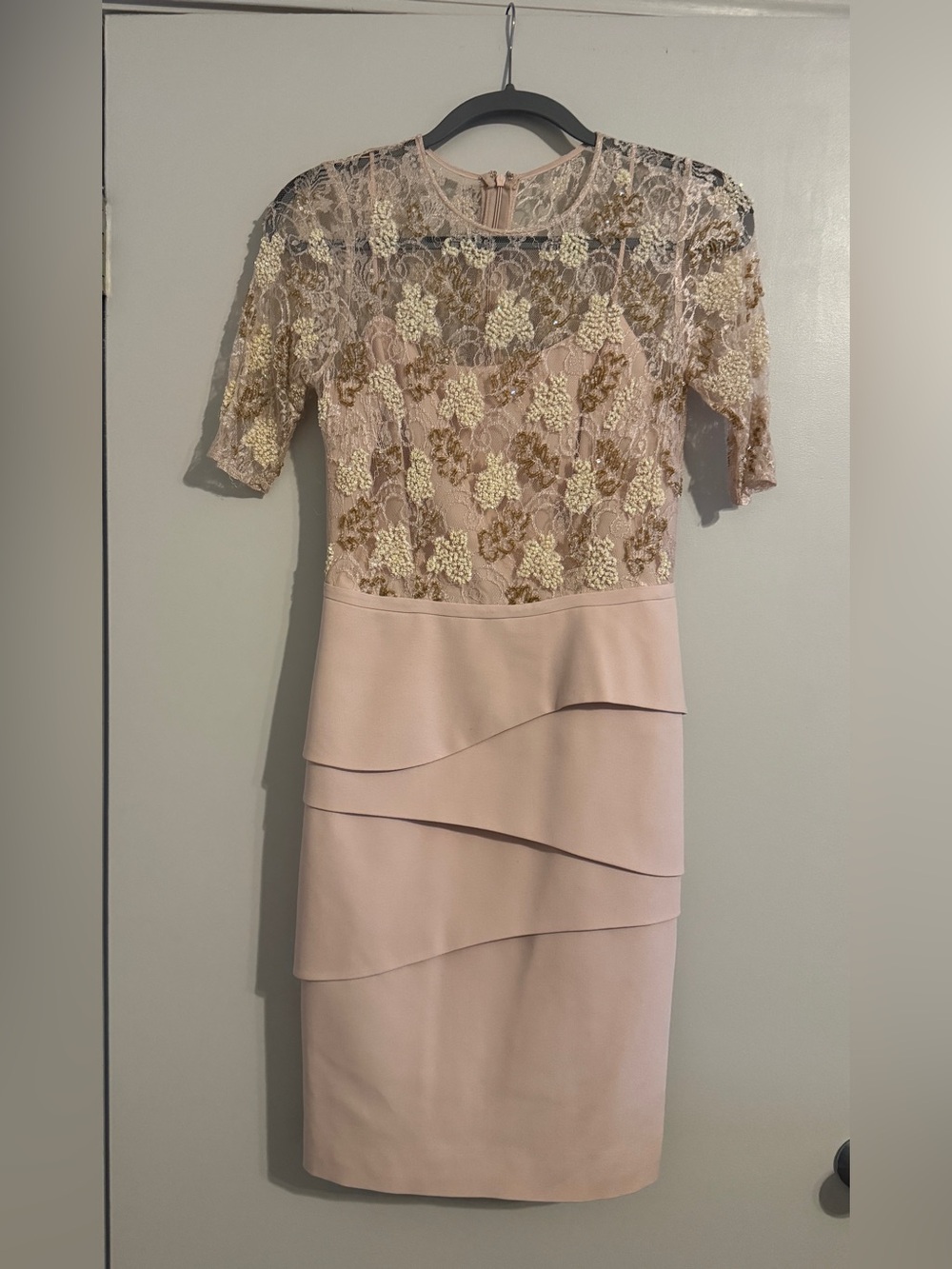Teri Jon Blush Pink Lace & Gold-Accent Tiered Sheath Dress